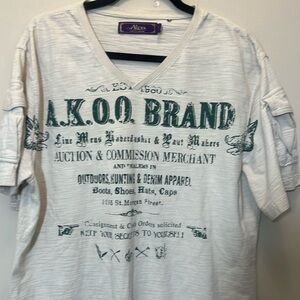 Akoo Cream & Green T-shirt with Pockets on Sleeves Size XL